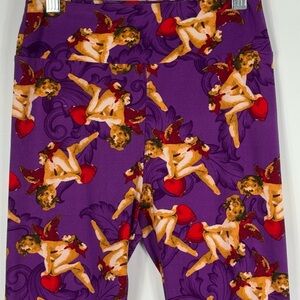 Lularoe Women's Leggings Valentines Cupid on Hearts Print Purple One Size